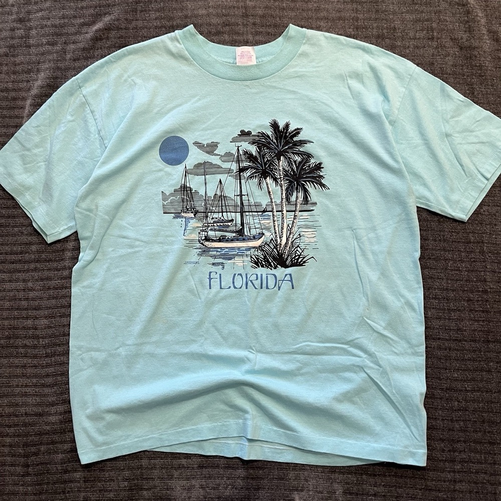 Vintage 1990 FLORIDA Graphic Tee Y2K Single Stitch T-Shirt Blue Sailboat Palm LG
